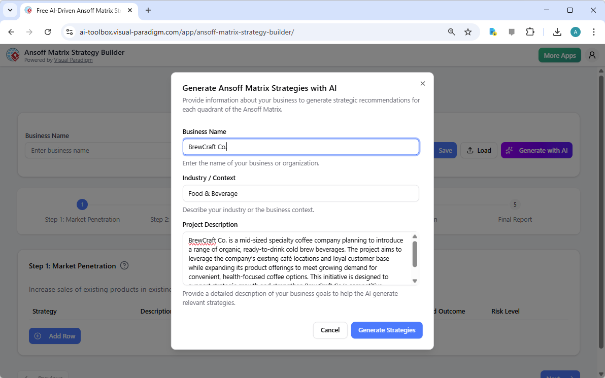 Scale Your Beverage Empire: Building Growth Frameworks with the Professional AI-Powered Ansoff Matrix Strategy Builder