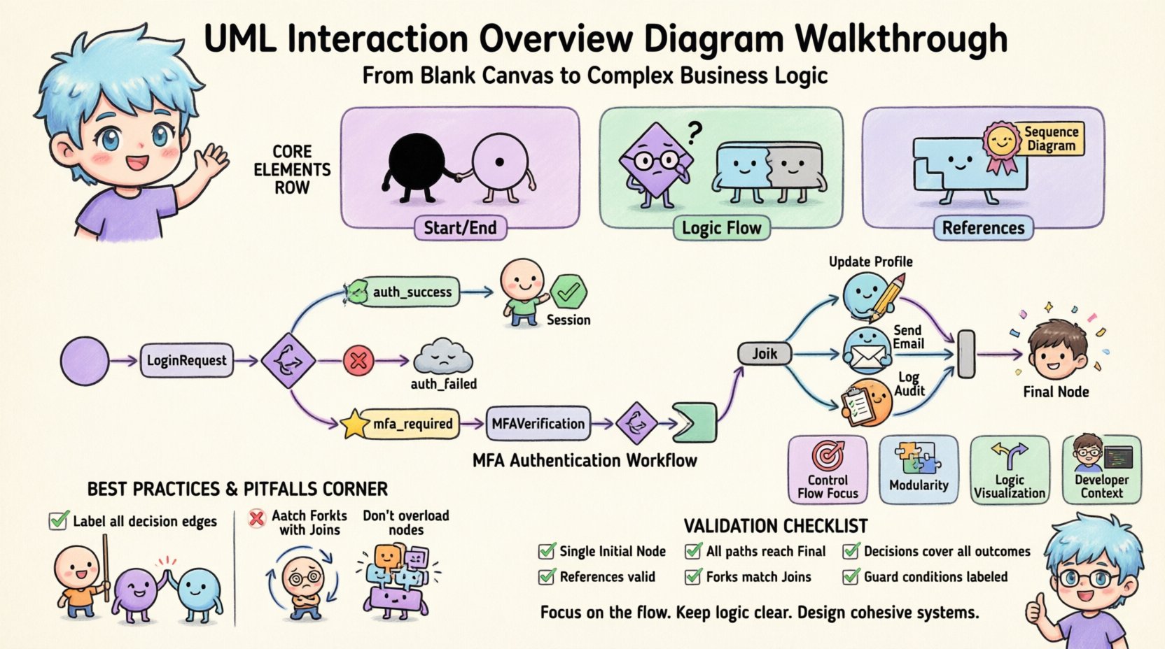 ステップバイステップのUML相互作用概要図の解説：中級開発者向けに、白紙のキャンバスから複雑なビジネスロジックまで