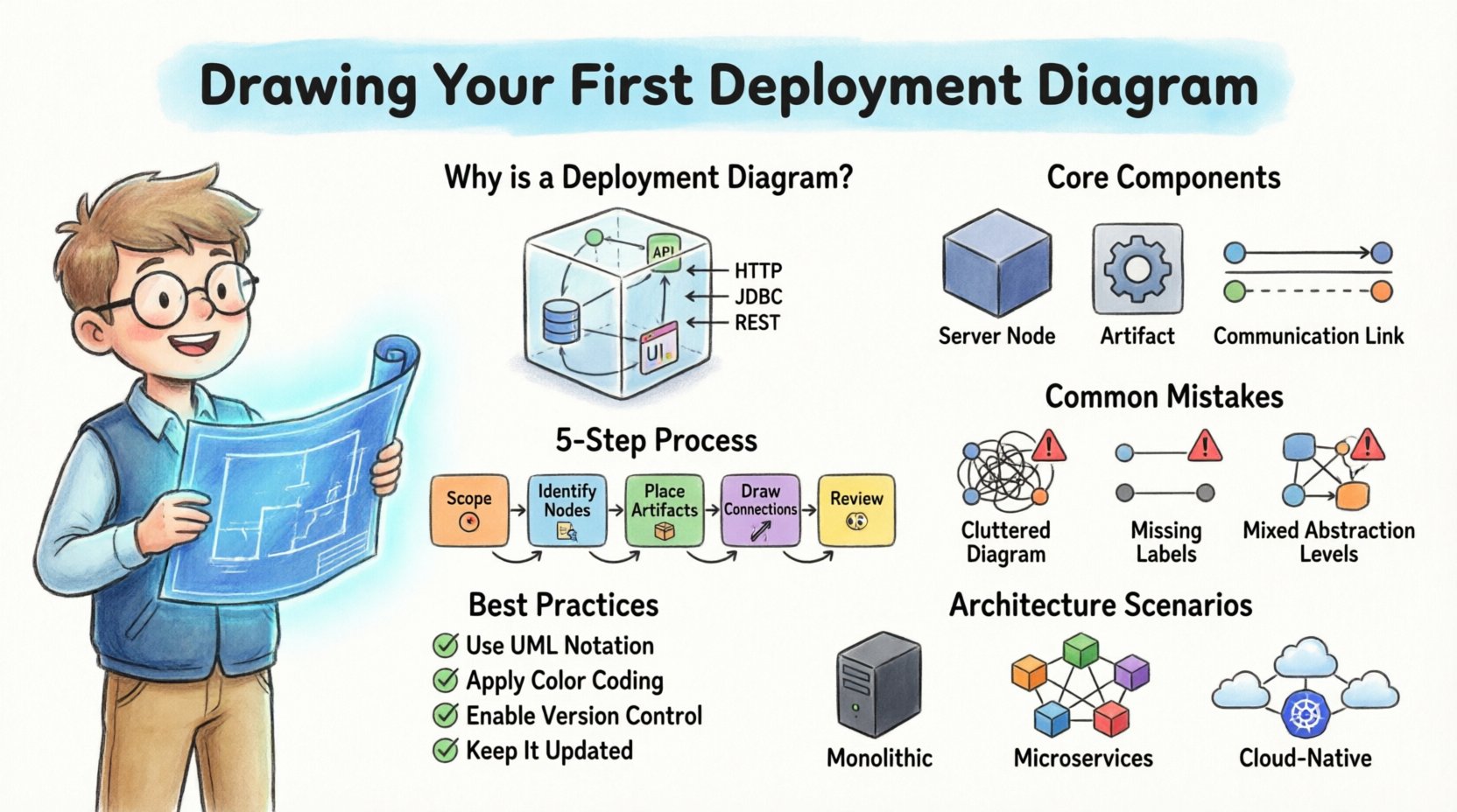 Cartoon infographic tutorial illustrating how to create a UML deployment diagram: features step-by-step workflow (scope, nodes, artifacts, connections, review), core components with visual icons, common pitfalls with warning signs, best practices checklist, and three architecture scenarios (monolithic, microservices, cloud-native) for visualizing software system infrastructure