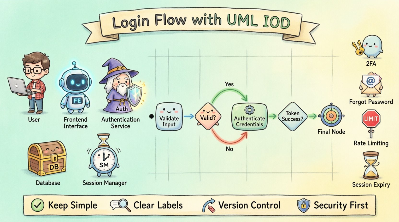 Chibi-style infographic illustrating a complete user login flow using UML Interaction Overview Diagrams, featuring cute character representations of User, Frontend, Authentication Service, Database, and Session Manager connected by flowchart symbols including initial node, validation steps, decision diamonds, and final states, with color-coded success and error paths, plus side panels showing common authentication patterns like 2FA, forgot password, rate limiting, and session expiry, designed for beginner developers seeking visual clarity in authentication system design