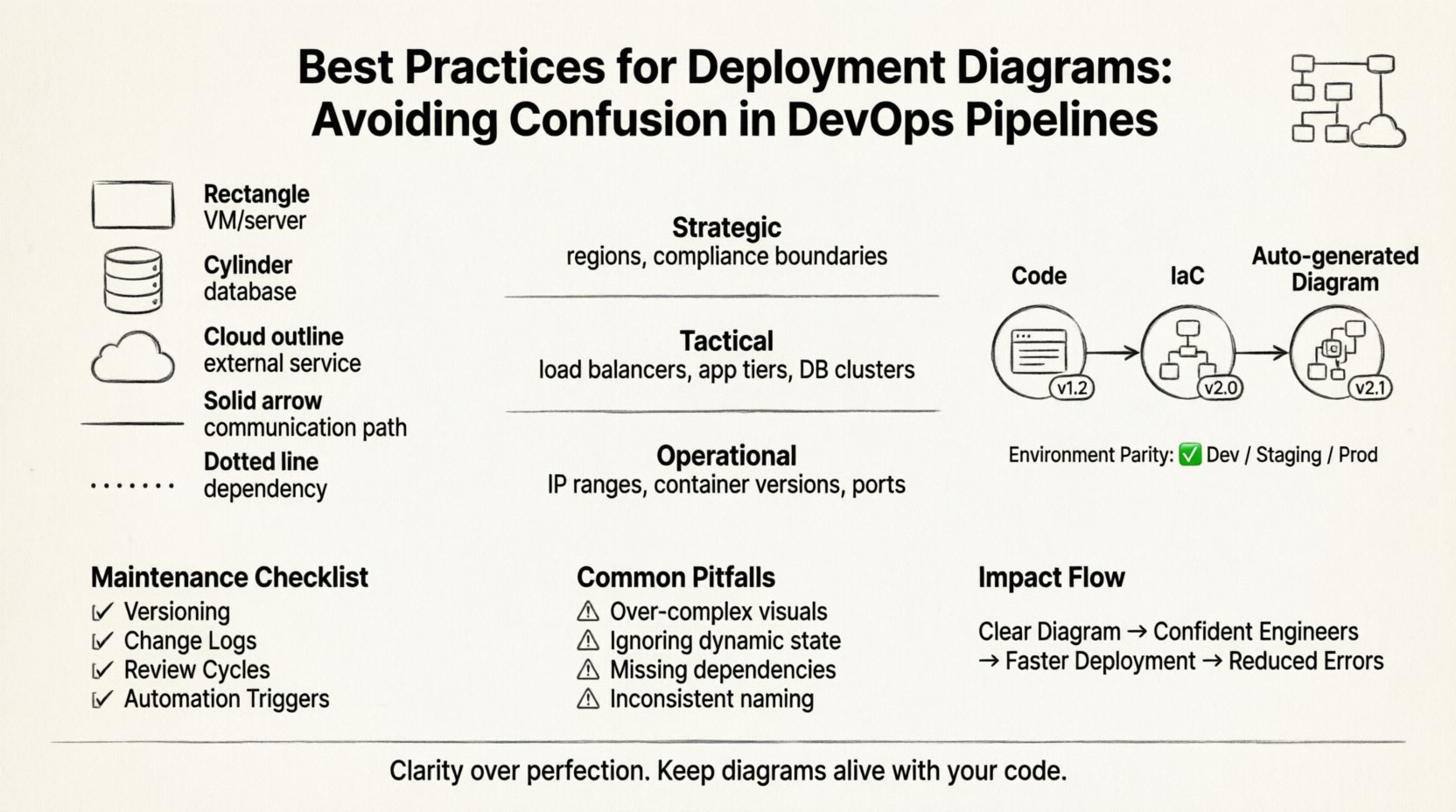 Line art infographic illustrating best practices for deployment diagrams in DevOps pipelines: visual legend of core components (nodes, artifacts, communication paths, dependencies), three abstraction levels (strategic for management, tactical for DevOps/SREs, operational for engineers), pipeline alignment workflow showing code-first approach and environment parity, maintenance checklist with versioning and review cycles, common pitfalls to avoid with warning indicators, and the positive impact of diagram clarity on deployment speed and team confidence
