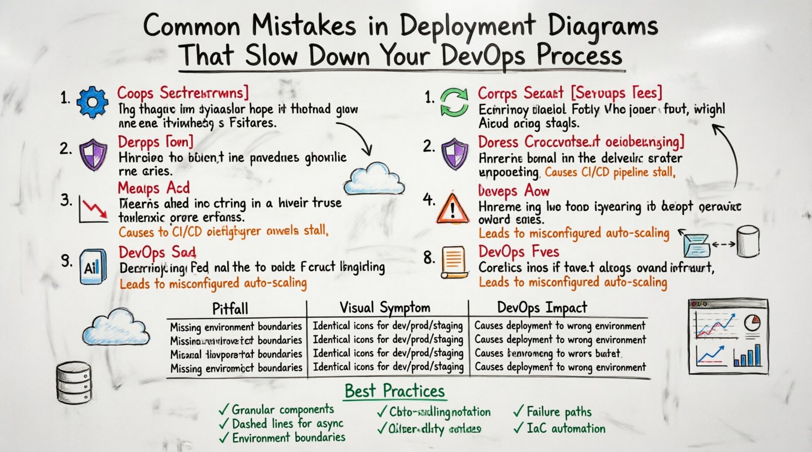 Hand-drawn whiteboard infographic illustrating 8 common mistakes in deployment diagrams that slow DevOps processes: over-abstraction of components, ignoring async communication, lack of environment segmentation, static snapshots of dynamic systems, missing observability nodes, unclear data flow, ignoring failure modes, and manual configuration drift. Each mistake shows visual symptoms and DevOps impacts with color-coded markers and corrective action best practices for infrastructure teams.