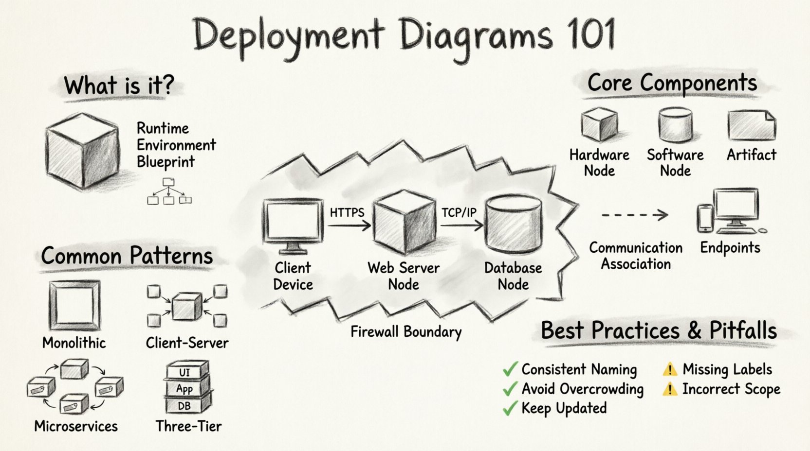 Charcoal sketch infographic explaining deployment diagrams for new engineers: visual guide to UML deployment diagrams showing core components (hardware nodes, software nodes, artifacts, communication connectors), common architectural patterns (monolithic, client-server, microservices, three-tier), security considerations, and best practices for infrastructure visualization in a hand-drawn contour style with clear English labels and intuitive visual hierarchy