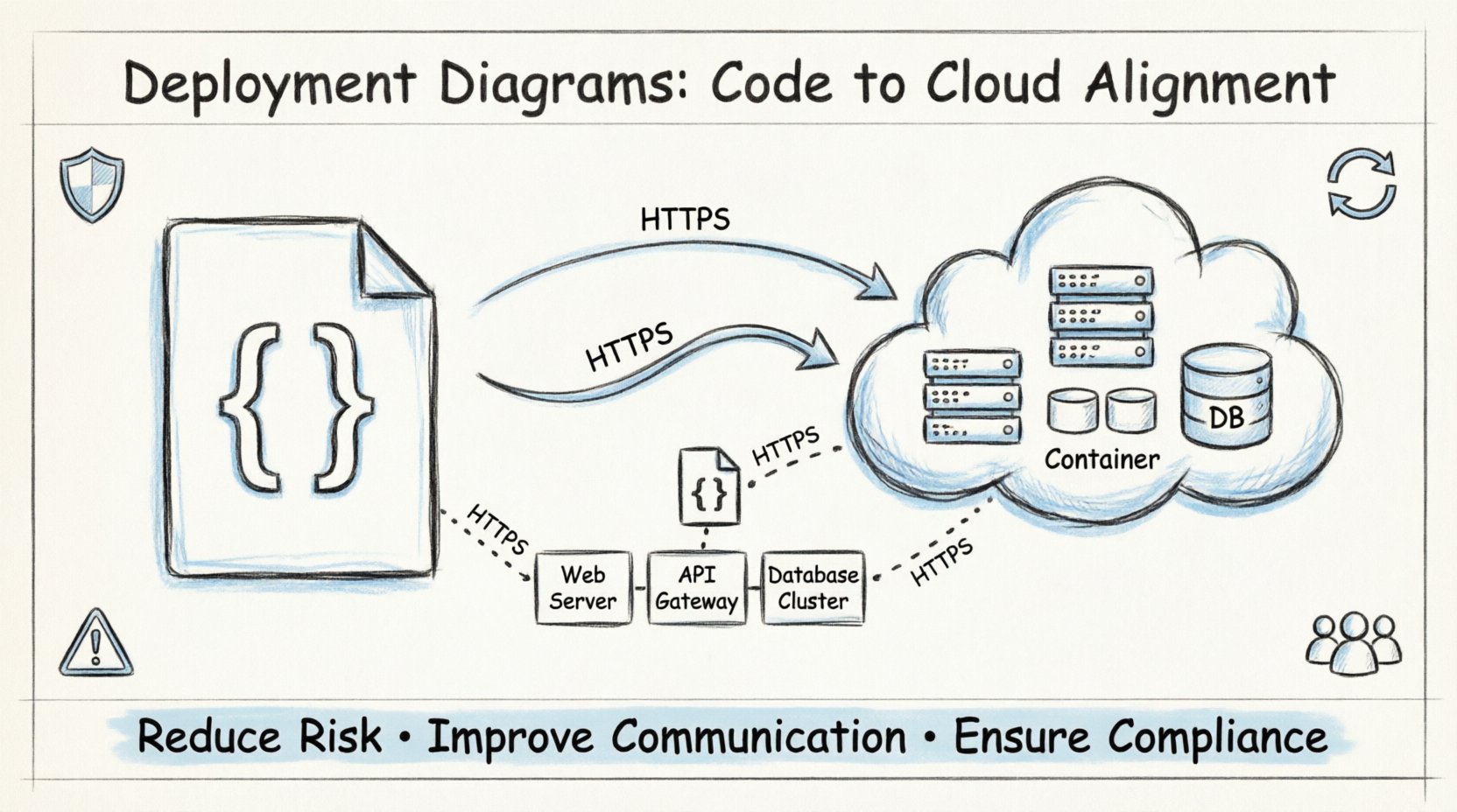 Sketch-style infographic illustrating why deployment diagrams matter: shows code connecting to cloud infrastructure with nodes, artifacts, and communication pathways; highlights risk reduction through visual alignment, security boundaries, DevOps integration, and team collaboration for modern cloud architecture