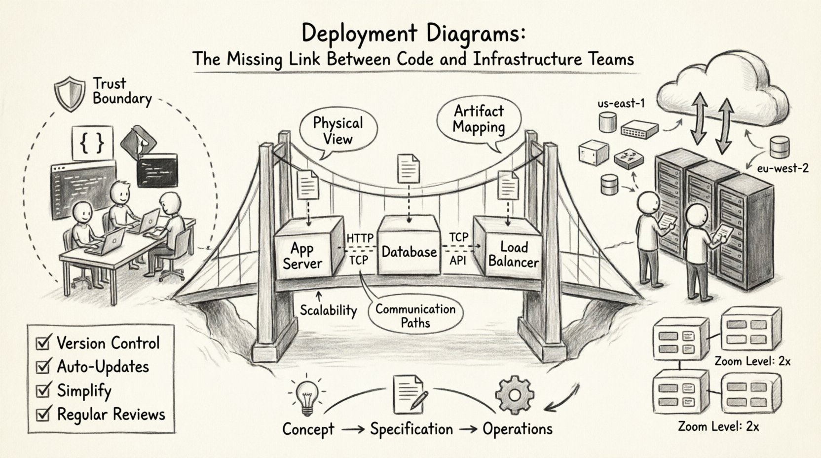 Sketch-style infographic illustrating deployment diagrams as the essential bridge between development and infrastructure teams, featuring nodes, artifacts, communication paths, cloud integration, security boundaries, lifecycle phases, and DevOps best practices for modern software delivery