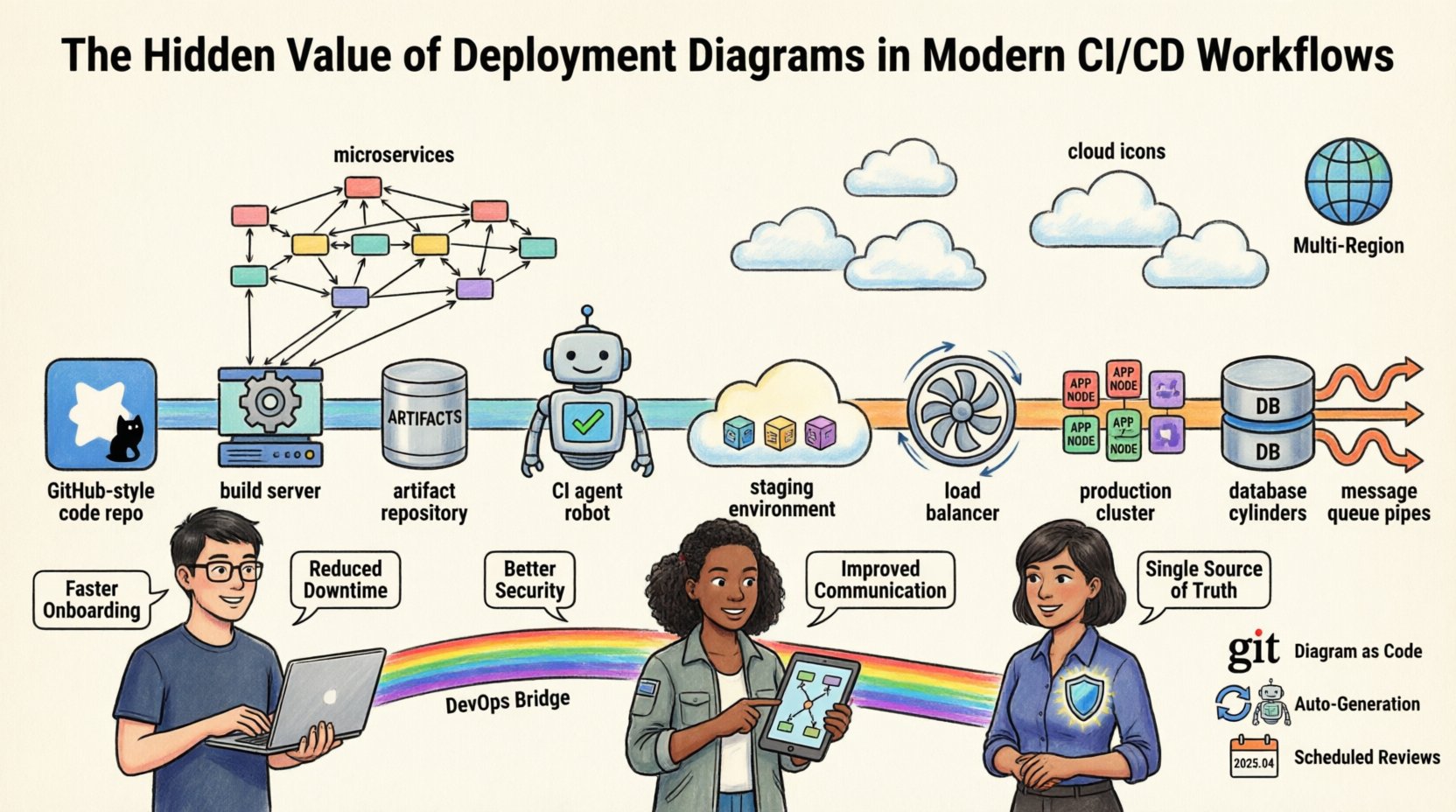 Cartoon infographic illustrating the hidden value of deployment diagrams in modern CI/CD workflows, showing a colorful pipeline from code repository through build, staging, to production with key components like build servers, artifact repositories, load balancers, and database clusters, plus cartoon dev/ops/security characters and callouts highlighting benefits like faster onboarding, reduced downtime, better security, and improved communication through living architecture documentation