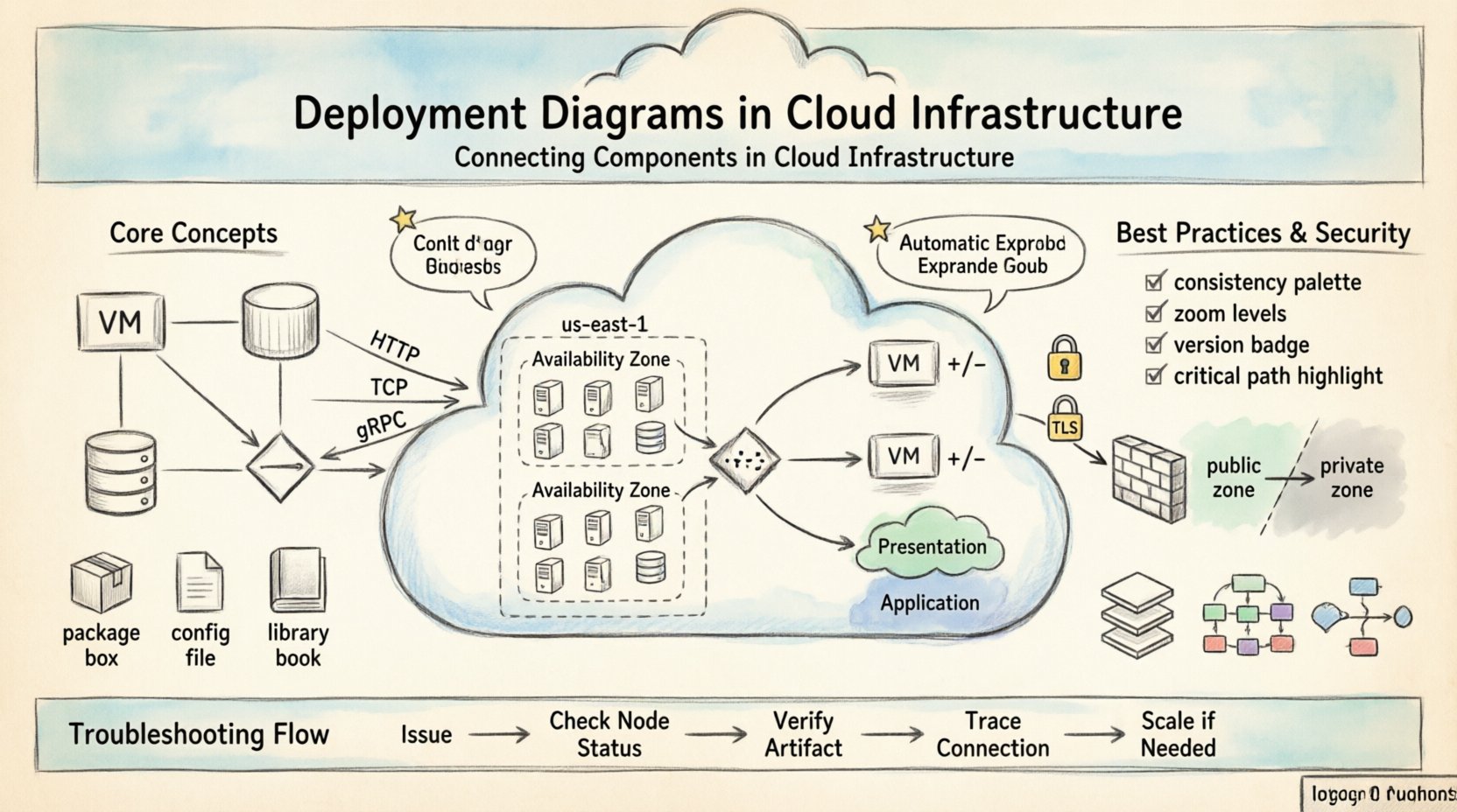 Hand-drawn infographic illustrating deployment diagrams in cloud infrastructure: visualizing compute nodes, artifacts, network connections, cloud regions, availability zones, auto-scaling groups, security boundaries, three-tier and microservices patterns, and best practices for maintaining clear, versioned architecture documentation