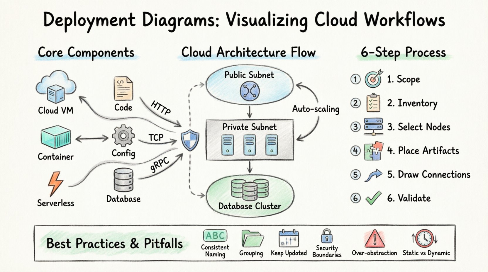 Marker illustration infographic showing deployment diagrams for cloud workflows: visual guide to nodes, artifacts, connections, cloud architecture components, 6-step creation process, and best practices for visualizing distributed systems with hand-drawn aesthetic