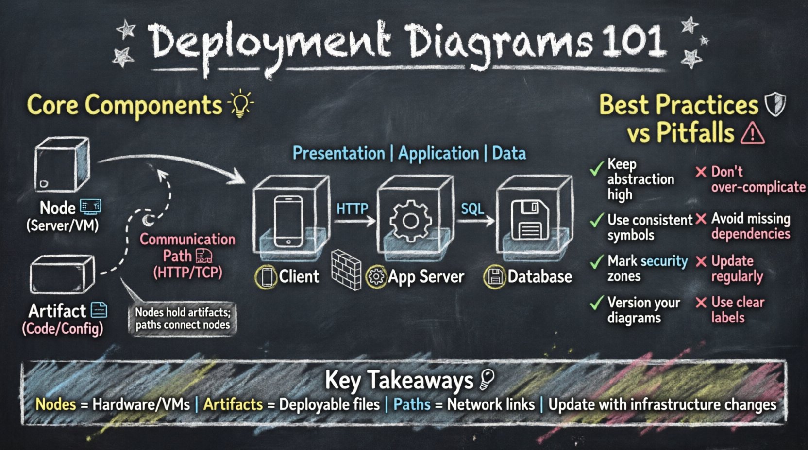 Educational chalkboard-style infographic explaining deployment diagrams in software engineering, showing core components (nodes, artifacts, communication paths), a three-tier architecture example, best practices, common pitfalls, and key takeaways in hand-written teacher aesthetic