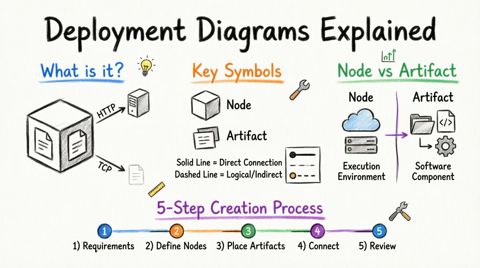 Marker-style educational infographic explaining UML deployment diagrams for beginners, featuring hand-drawn nodes, artifacts, connectors, node-vs-artifact comparison, and 5-step creation process with vibrant colors and clear visual hierarchy