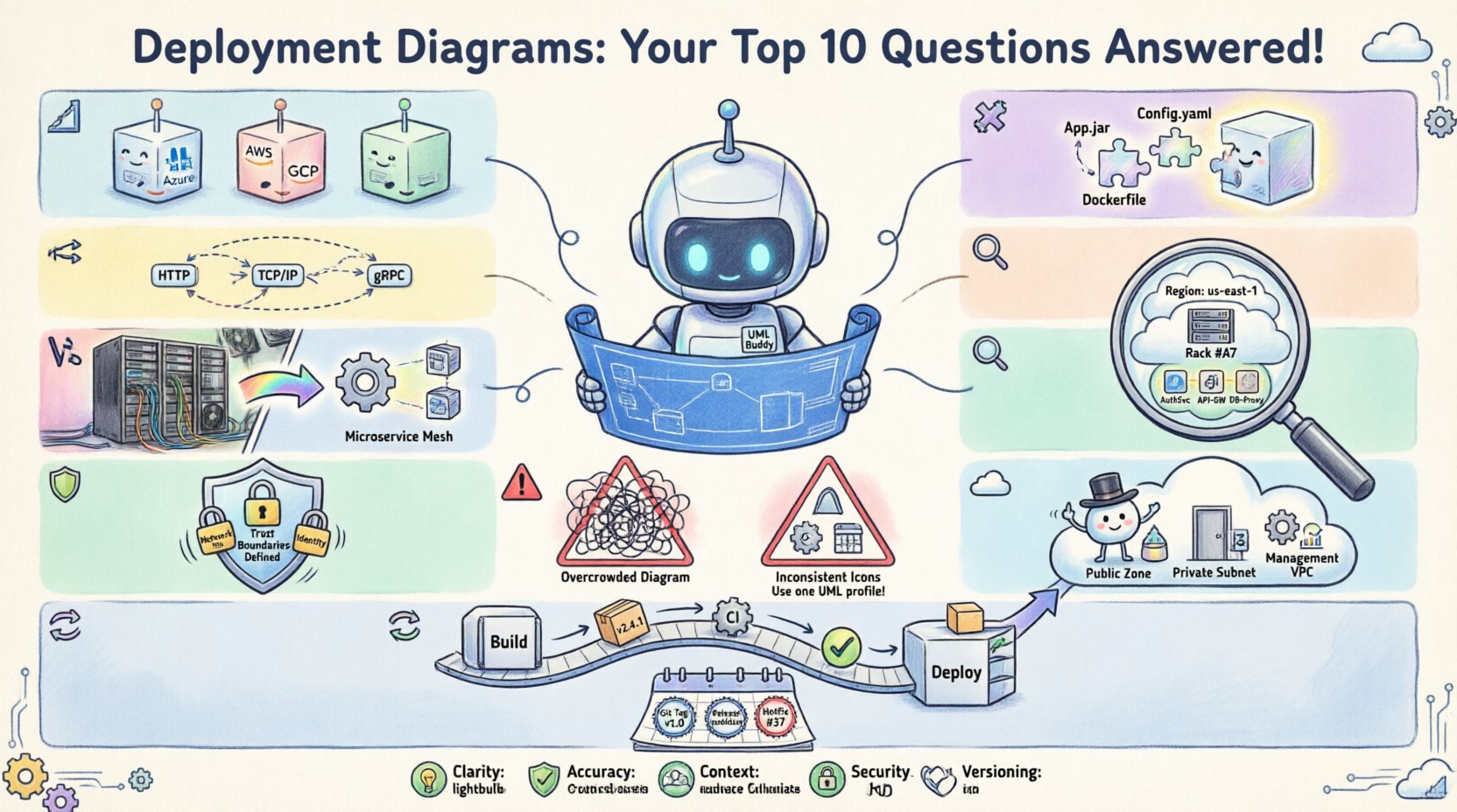 Whimsical infographic answering top 10 questions about UML deployment diagrams: illustrates nodes, artifacts, communication paths, cloud infrastructure, security boundaries, CI/CD integration, and best practices with playful cartoon-style visuals, pastel colors, and clear English labels for developers and architects