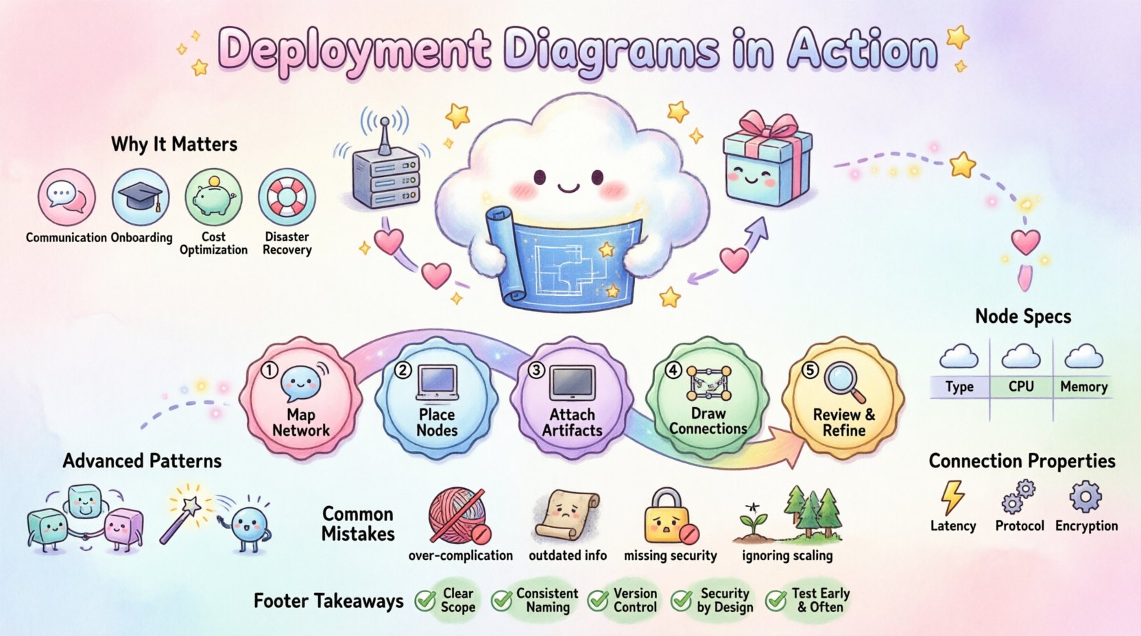 Kawaii-style infographic explaining deployment diagrams for cloud infrastructure: features cute cloud characters, chibi server nodes, software artifact boxes, communication paths, and a 5-step visual guide with pastel colors, rounded design elements, and key takeaways for engineers and architects