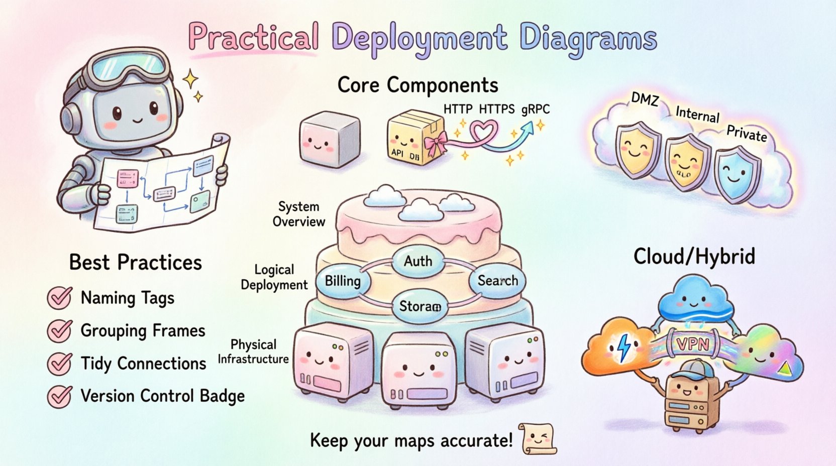 Kawaii-style 16:9 infographic illustrating practical deployment diagrams for software engineers: features cute pastel icons of hardware nodes, software artifacts, and communication paths; three abstraction levels (system overview, logical deployment, physical infrastructure); security boundaries with shields and DMZ zones; best practices checklist; cloud/hybrid environment visuals; and troubleshooting tips—all designed with adorable smiling characters, soft colors, and clear English labels for intuitive infrastructure visualization