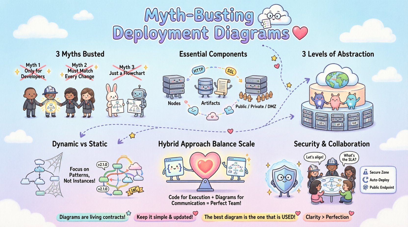 Kawaii-style infographic illustrating key concepts from 'Myth-Busting Deployment Diagrams': three common myths debunked (diagrams aren't just for developers, don't need to match every change, and aren't flowcharts), essential diagram components (nodes, artifacts, communication paths, deployment zones, dependencies), three levels of abstraction (strategic, logical, physical), strategies for dynamic environments, hybrid IaC + visual modeling approach, security boundary mapping, cross-team collaboration tips, and maintenance best practices. Features cute pastel-colored characters, cloud mascots, and playful icons in a 16:9 layout designed to make infrastructure documentation approachable and engaging.