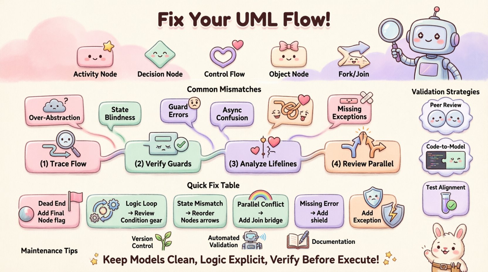 Kawaii cute vector infographic illustrating how to troubleshoot UML Interaction Overview Diagrams when flow logic mismatches system behavior. Features pastel-colored rounded sections covering: IOD components (activity nodes, decision diamonds, control flows), five common mismatch causes (over-abstraction, state blindness, guard errors, async confusion, missing exceptions), four-step troubleshooting protocol (trace flow, verify guards, analyze lifelines, review parallel execution), validation strategies (peer reviews, code-to-model comparison, test alignment), quick-fix reference cards for dead ends/logic loops/state mismatches, and maintenance tips. Style: simplified shapes, soft pastel palette (pink, mint, lavender, peach), cute character illustrations, playful English labels, 16:9 aspect ratio. Designed for developers and architects to visually diagnose and resolve UML diagram inconsistencies.