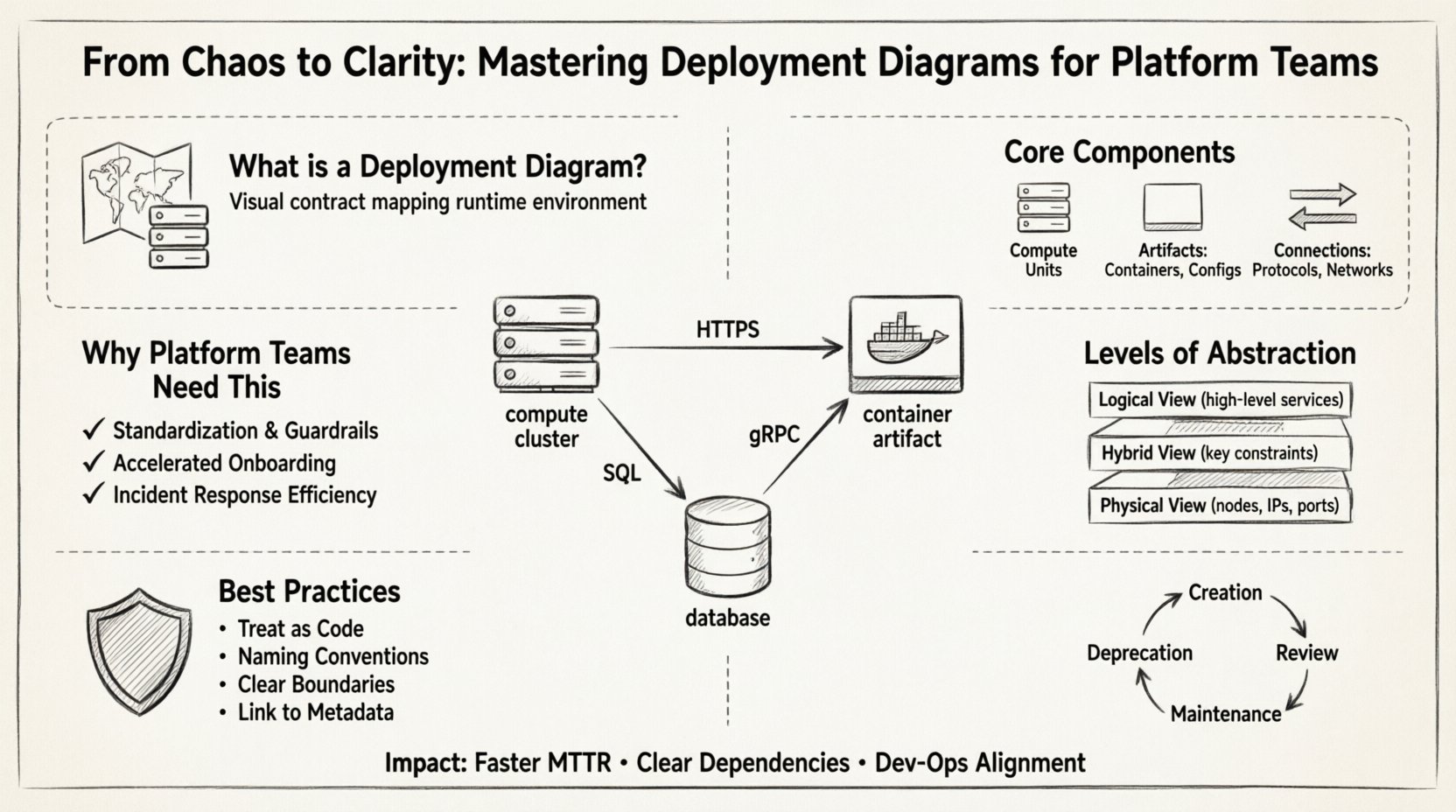 Line art infographic titled 'From Chaos to Clarity: Mastering Deployment Diagrams for Platform Teams' illustrating core components (nodes, artifacts, connections), three abstraction levels (logical, hybrid, physical), best practices for maintenance, lifecycle management, and benefits for incident response and Dev-Ops collaboration in modern cloud-native infrastructure