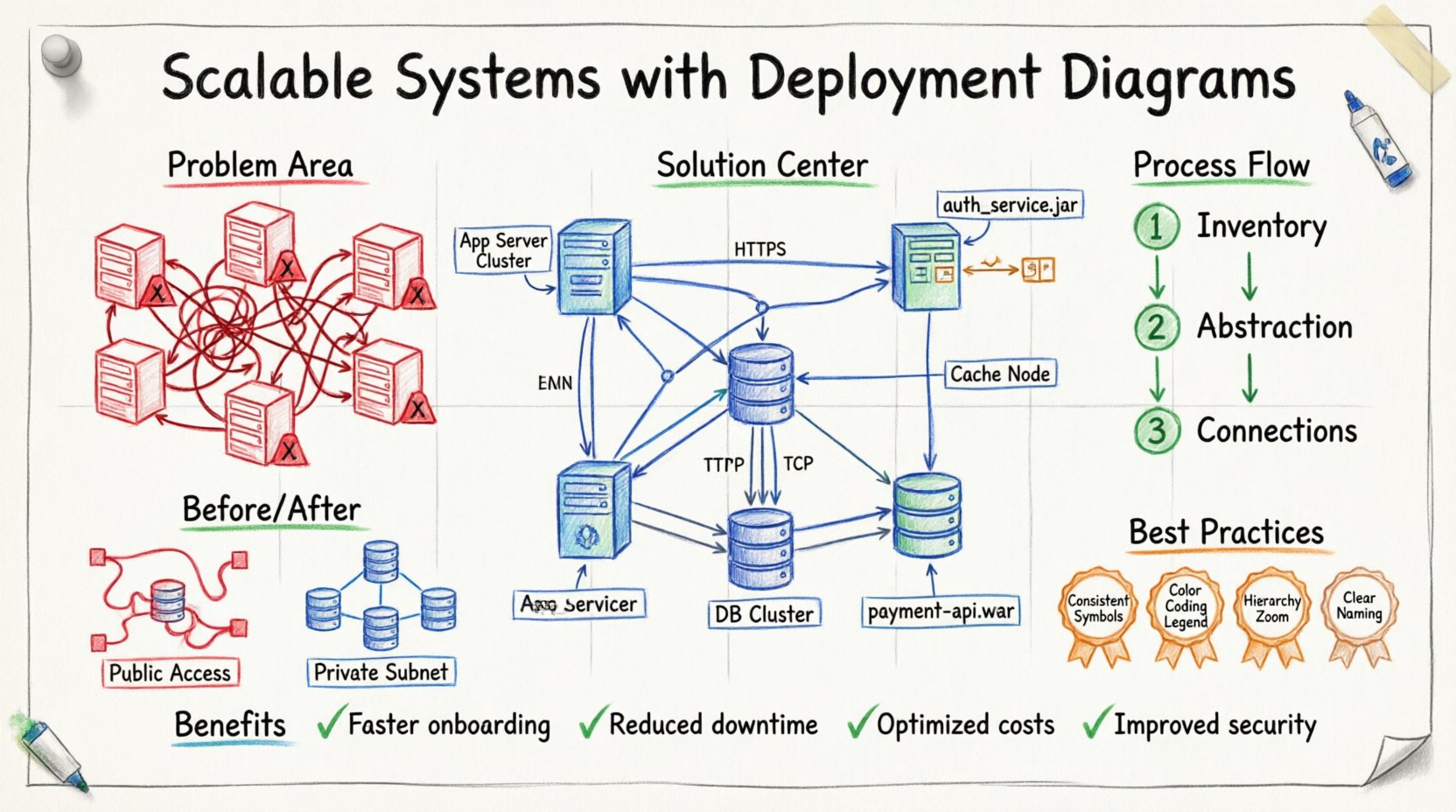 Hand-drawn whiteboard infographic illustrating how deployment diagrams help build scalable systems: shows problem scenarios (tangled infrastructure, unclear dependencies), UML deployment diagram elements (nodes, artifacts, communication paths), 3-step creation process (inventory, abstraction, connections), key components (load balancer, app servers, database cluster, cache, message queue) with scalability strategies, before/after solutions for single point of failure, network latency, and security zoning, plus best practices (consistent symbols, color coding, hierarchy, naming conventions) and business outcomes (faster onboarding, reduced downtime, optimized costs, improved security)