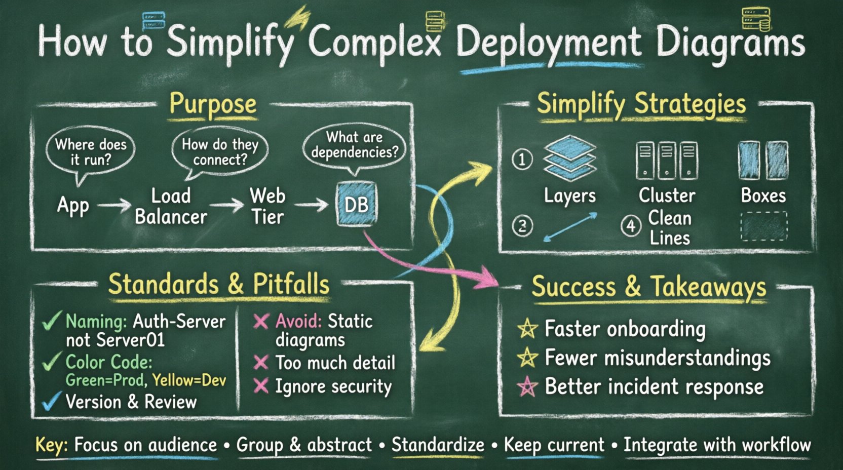 Chalkboard-style infographic illustrating how to simplify complex deployment diagrams for better team collaboration, featuring handwritten teacher-style visuals covering purpose, complexity sources, simplification strategies (multi-level detail, node abstraction, reduced line density, grouping), standardization practices, common pitfalls, and key takeaways for implementation