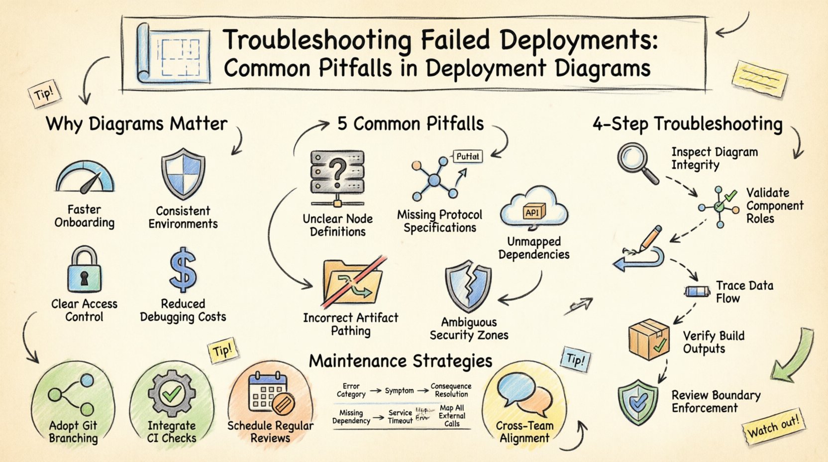 Hand-drawn infographic illustrating common pitfalls in deployment diagrams and troubleshooting methodology, featuring five key error categories (node definitions, communication protocols, external dependencies, artifact pathing, security boundaries), a four-step validation process, and maintenance strategies for reliable software deployments