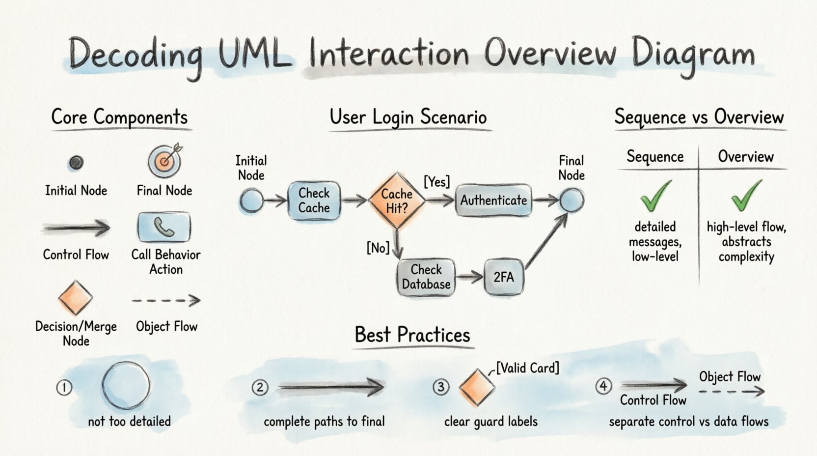 Hand-drawn educational infographic explaining UML Interaction Overview Diagrams for beginners, featuring core components like initial nodes, decision diamonds, and call behavior actions, with a user login flow example, comparison table versus sequence diagrams, and best practices for control flow modeling in software architecture