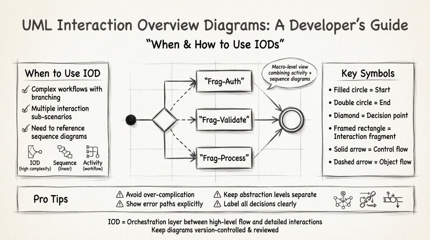 Sketch-style infographic explaining UML Interaction Overview Diagrams for developers: shows macro-level control flow combining activity and sequence diagrams, key symbols (initial/final nodes, decision diamonds, interaction fragments), when to use IODs vs sequence/activity diagrams, 4-step construction process, common mistakes to avoid, and real-world applications in microservices, payment processing, and data pipelines