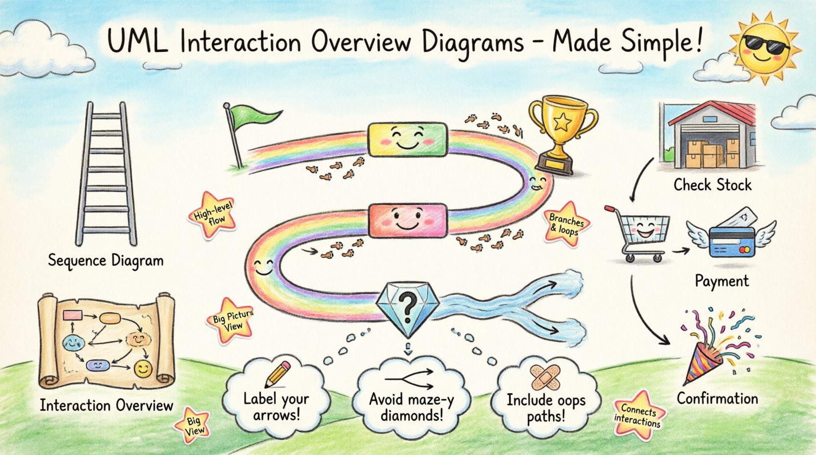 Child's drawing style infographic explaining UML Interaction Overview Diagrams with colorful hand-drawn elements: activity nodes as happy boxes, control flow arrows with footprints, decision diamonds, fork/join paths, and a simple e-commerce checkout example, designed to help junior developers visualize high-level system control flow