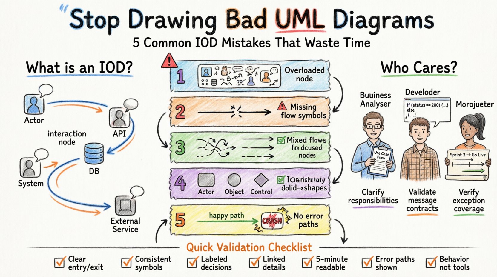Marker-style infographic illustrating 5 common mistakes in UML Interaction Overview Diagrams: overloaded interaction nodes, missing control flow symbols, mixed object and control flows, inconsistent notation, and ignored exception paths, with visual before/after comparisons, stakeholder perspectives for Business Analysts Developers and Project Managers, and a 7-point validation checklist for creating clear, stakeholder-friendly diagrams