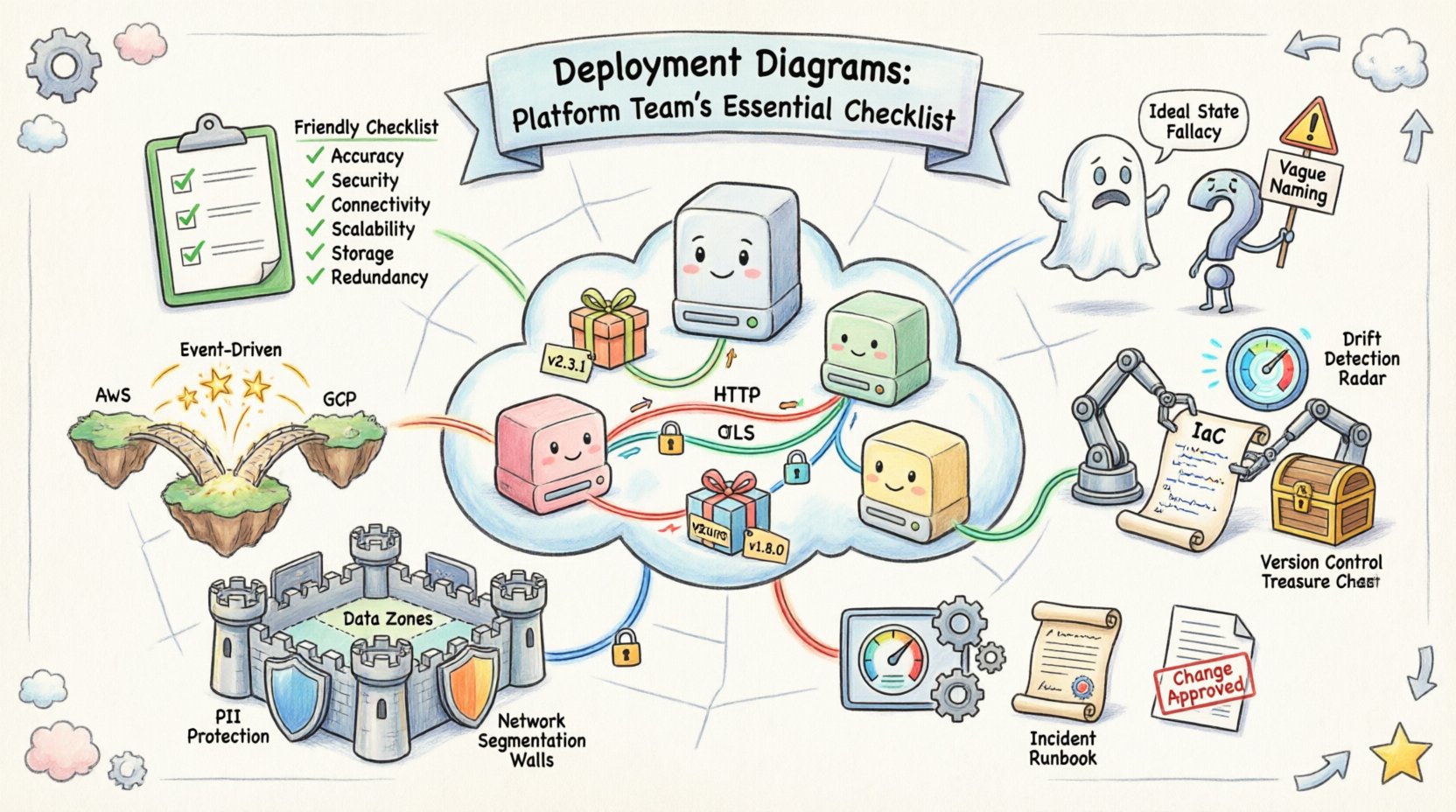Whimsical infographic illustrating deployment diagrams for platform teams, featuring cartoon server nodes with smiling faces, colorful software artifact boxes with version tags, rainbow communication cables with protocol labels, a verification checklist for accuracy and security, warning signs for common modeling errors, automation robots syncing with Infrastructure as Code, security shields protecting data zones, and workflow integration elements—all rendered in a playful pastel watercolor sketch style with clear English labels